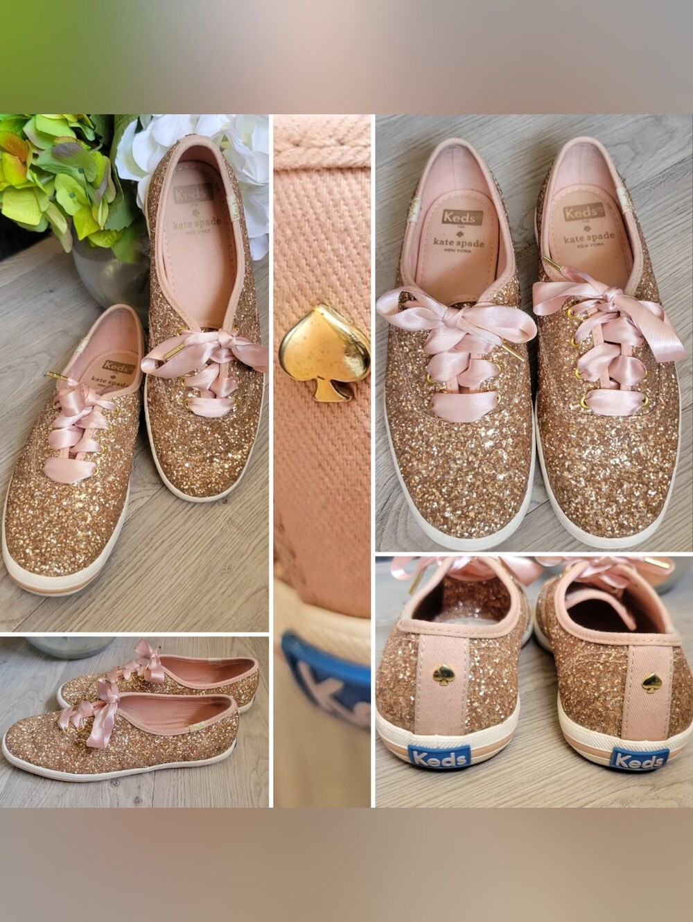 Keds x Kate Spade Champion Rose Gold Glitter Sneaker + Satin Laces, US 6.5 EU 37